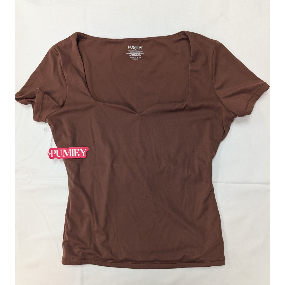PUMIEY Brown Square Neck Short Sleeve Stretch Top Women's Small‎ NWT